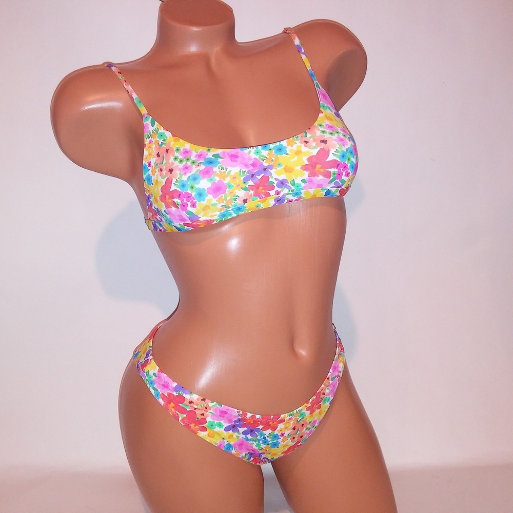 BRIGHT Swim Bikini Small Top & Bottom Colorful Floral Teeny Fit Wireless New